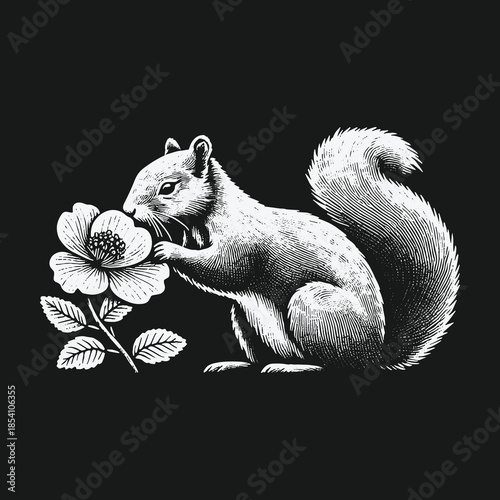 Charming squirrel smelling a beautiful flower in a vintage engraving style.