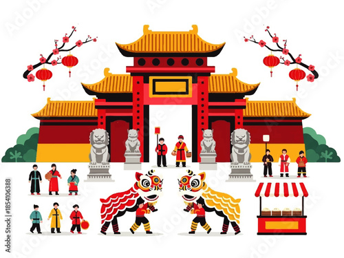 Traditional Chinese Temple Gate with Lion Dance Parade Illustration for Festival Background