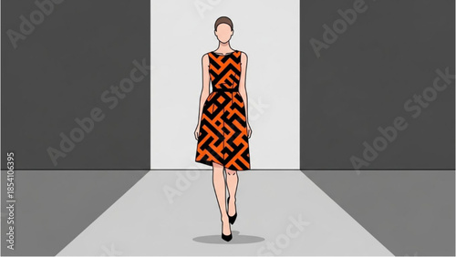 Fashion model walking down a gray catwalk with a geometric patterned dress