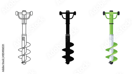 Auger Drill Bit Vector Illustration for Woodworking, Gardening and Construction Tools in Line, Silhouette and Color Style