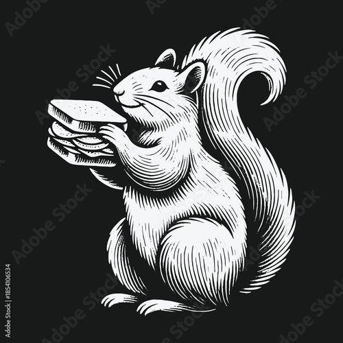 Vintage engraving style illustration of a squirrel holding a sandwich.