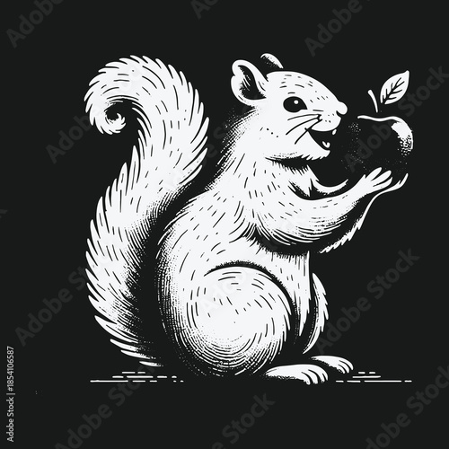 Happy squirrel holding an apple illustration in a vintage woodcut style.