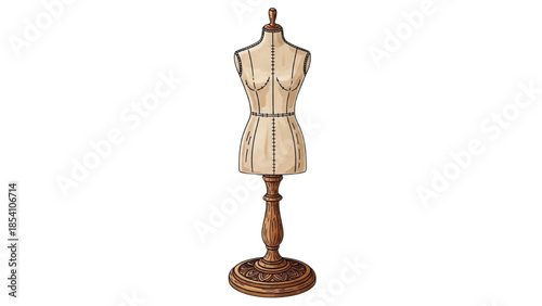 Dressmaker's dummy displaying a stylish dress on a wooden stand in a fashion studio