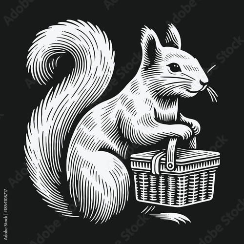 Vintage engraved style squirrel holding a small picnic basket.