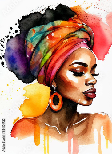 Watercolor painting of black woman with colorful turban and elegant earrings, unique style and personality vibrant brushstrokes and artistic flair vector design. Graceful afro-american woman
