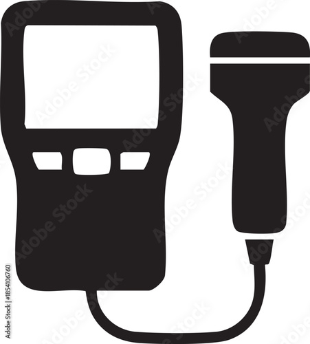 Black silhouette of an ultrasound machine with transducer and screen medical equipment