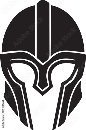 Black Spartan helmet silhouette with white background and sharp geometric lines warrior ancient