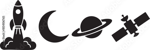 Black silhouette rocket ship launching moon planet satellite space crescent