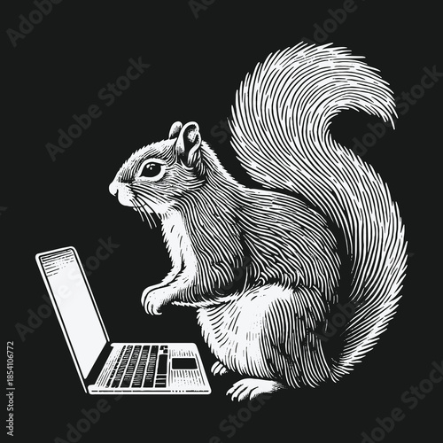 A vintage woodcut illustration of a squirrel using a laptop computer.