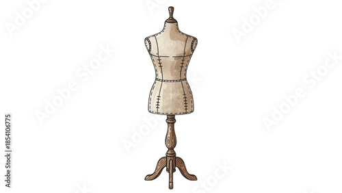 Vintage dressmaker's mannequin displayed on antique wooden stand in studio setting