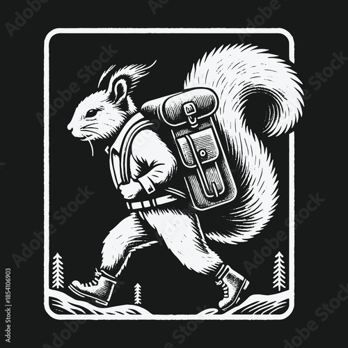 Adventurous squirrel character hiking with a large backpack illustration.