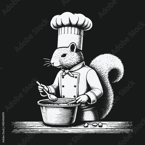Whimsical squirrel chef in uniform stirring a meal in a bowl.