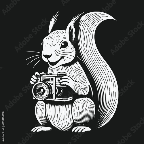 Monochrome squirrel photographer with a vintage camera illustration.
