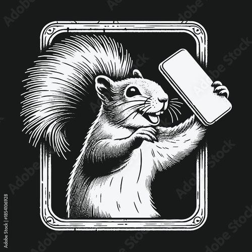 Funny squirrel character taking a selfie with a smartphone.