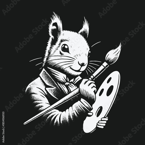 Dapper squirrel artist in a suit holding a paintbrush and palette.