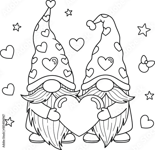 Cute Couple Gnomes Holding Heart - Valentine's Day Coloring Page