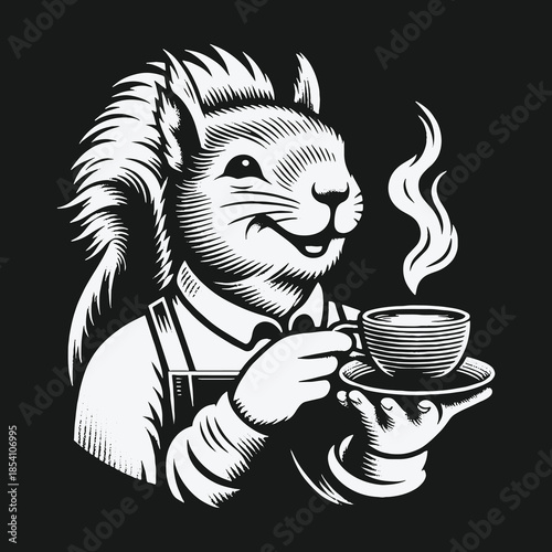 Charming squirrel barista in an apron holding a hot coffee cup illustration.
