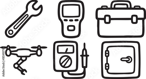 Collection of hand drawn featuring tools and equipment wrench spanner measurement meter