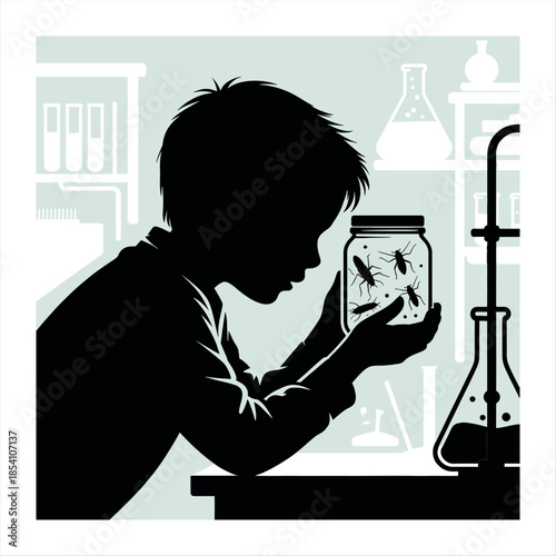Young entomologist examining insects in a laboratory setting. Vector