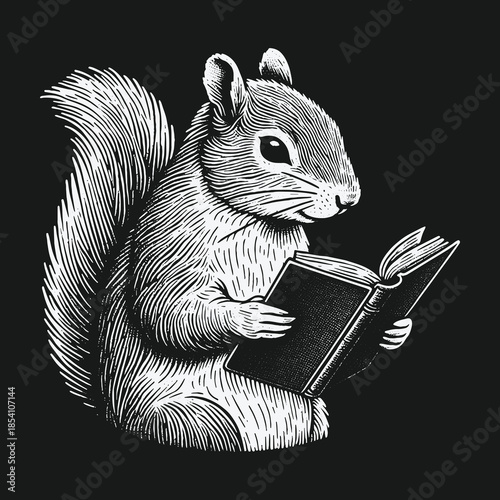 A studious squirrel character deeply absorbed in reading a book.