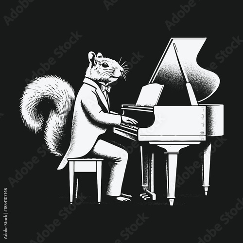 Elegant Squirrel Pianist in Tuxedo Playing a Grand Piano.