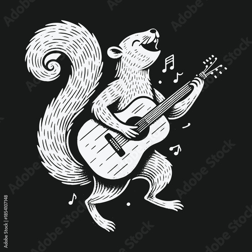 Funny cartoon squirrel playing acoustic guitar and singing happily.