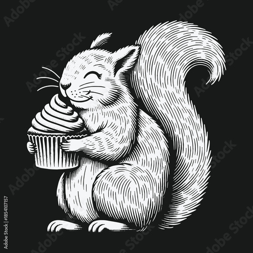 Adorable smiling squirrel holding a sweet cupcake in a vintage woodcut style.