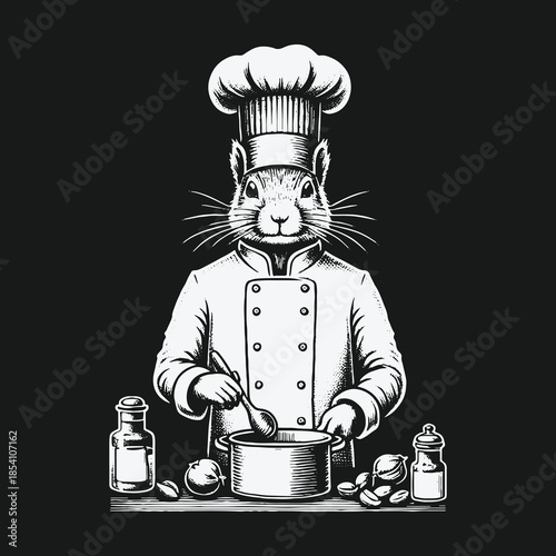 Charming squirrel chef in uniform cooking a meal black and white illustration.
