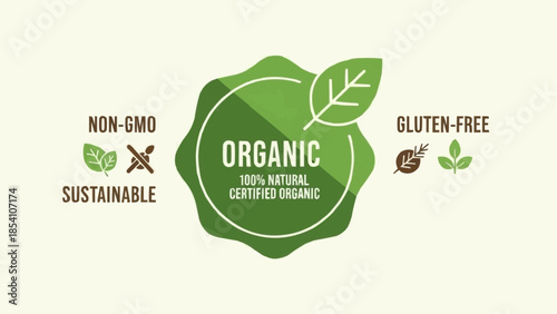 Organic Label Icon with Green Leaf.