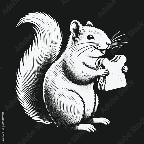 Happy Squirrel Eating a Sandwich Black and White Illustration.
