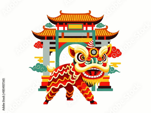 Chinese Lion Dance Illustration in Front of Traditional Temple for Lunar New Year Celebration