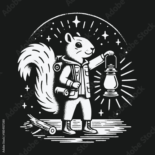 Adventurous squirrel character holding a lantern on a night hike.