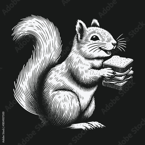 Vintage engraving style illustration of a happy squirrel holding a sandwich.