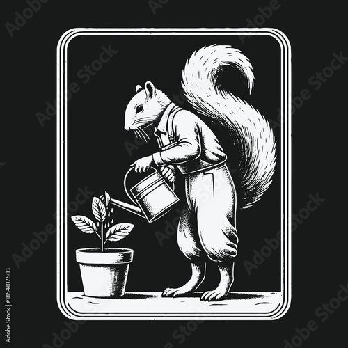 Charming anthropomorphic squirrel gardener watering a potted plant.