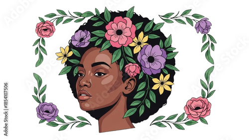 A serene illustration of a woman surrounded by flowers and foliage, showcasing beauty and nature in harmony from a front view.