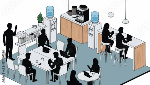 Office Break Room with People Socializing.