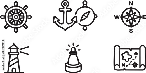 Nautical ship wheel anchor compass lighthouse and treasure map