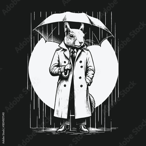 A dapper squirrel detective stands in the rain with an umbrella.