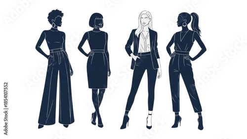 Illustrations of women in various professional attire standing confidently