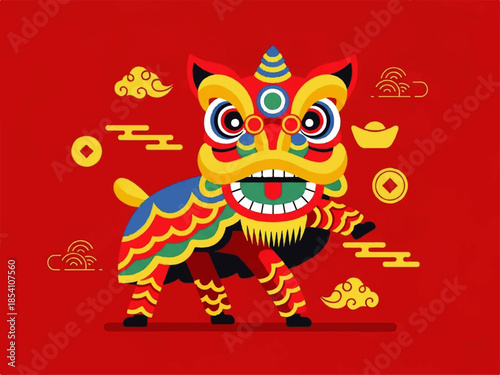 Colorful Chinese Lion Dance Illustration on Red Background for Lunar New Year Festival Design