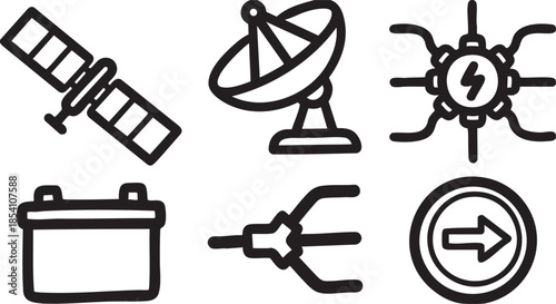 Satellite dish battery power plug and arrow in black outline style antenna