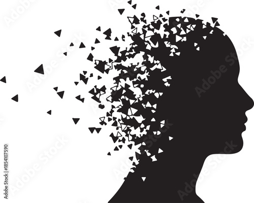 Abstract Human Head Silhouette Disintegrating into Geometric Particles Vector