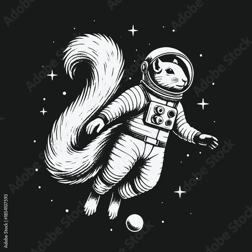 Monochrome illustration of a whimsical squirrel astronaut in space.