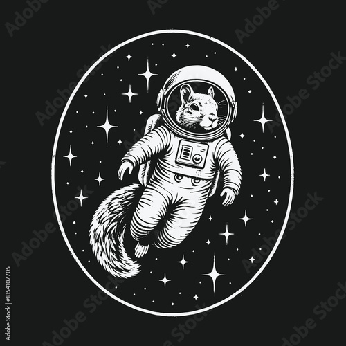 Whimsical illustration of a squirrel astronaut floating in space.