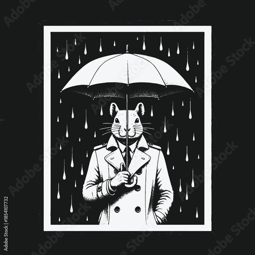 A dapper squirrel in a trench coat holding an umbrella in the rain.