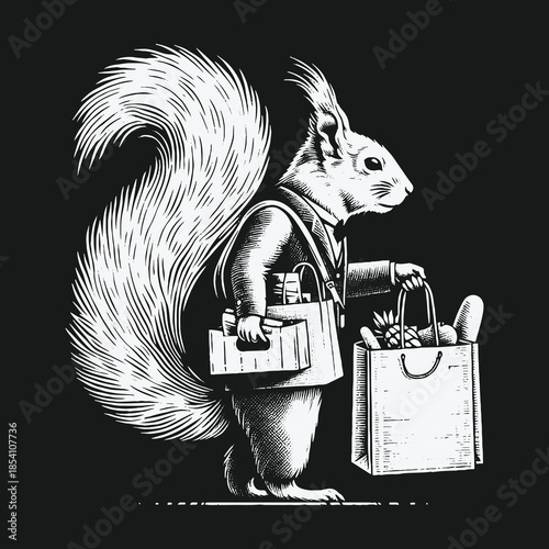 Well dressed squirrel character carrying groceries in a vintage illustration.