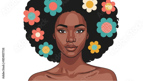 A serene woman with flowers in her hair, showcasing natural beauty and elegance in a calm environment.