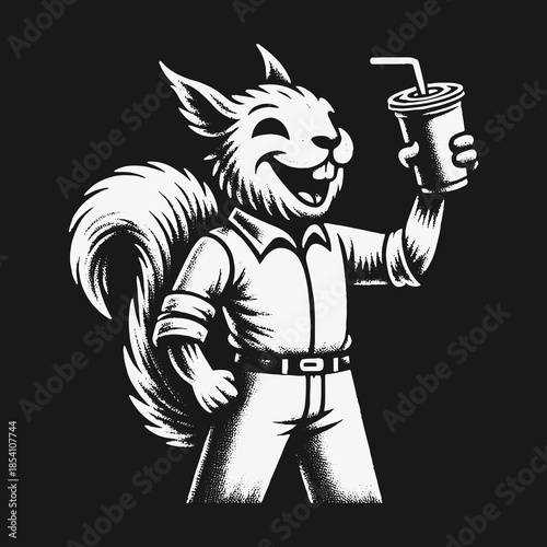 Happy anthropomorphic squirrel mascot holding a refreshing drink.