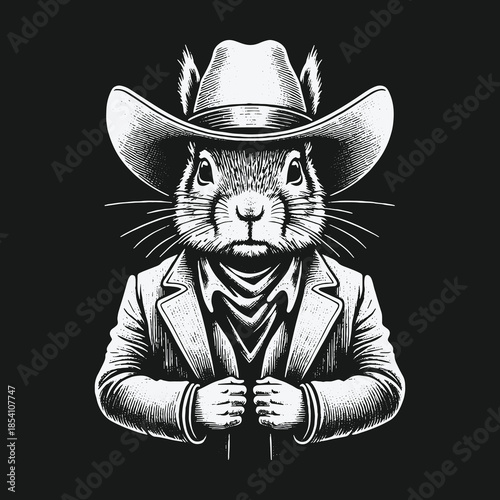 Monochrome portrait of a serious squirrel dressed as a western cowboy.