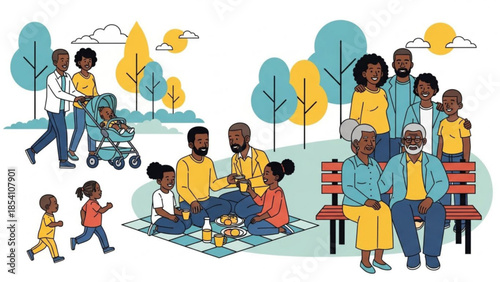 Diverse family and friends enjoying outdoor picnic in park with children and baby stroller